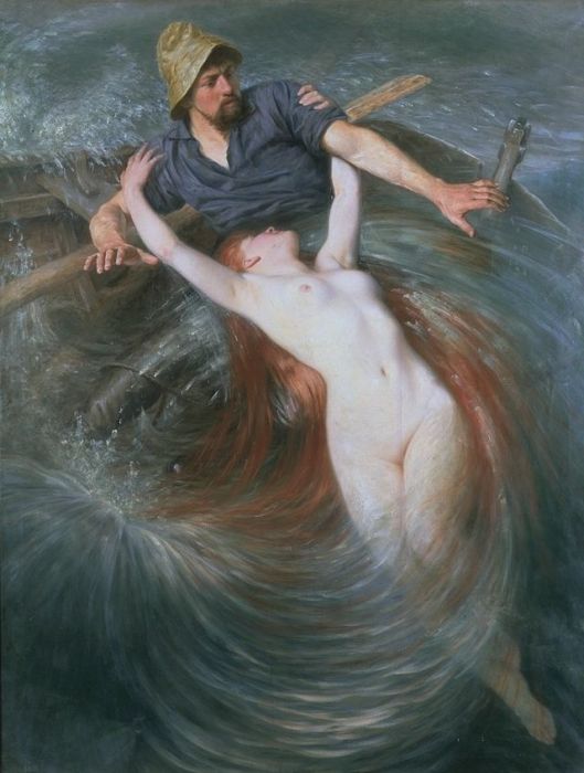 Certainly more dramatic than a burst pipe. 'Fisherman and the Siren' Knut Ekwall {{PD}}