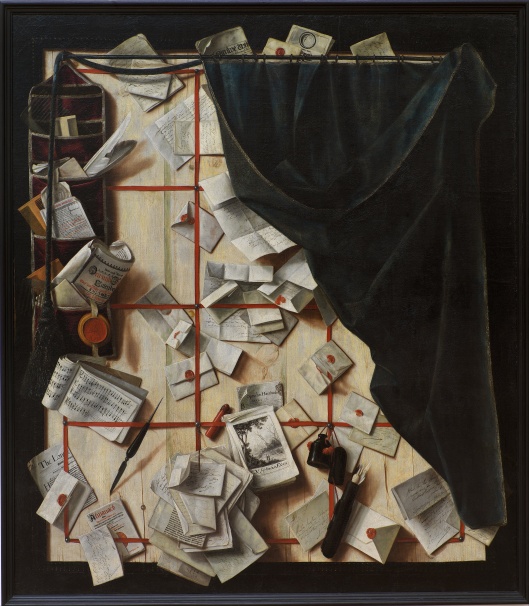 Take notes, Libra. Cornelius Norbertus Gijsbrechts - Trompe l'oeil. 'Board Partition with Letter Rack and Music Book' 1668 {{PD}}